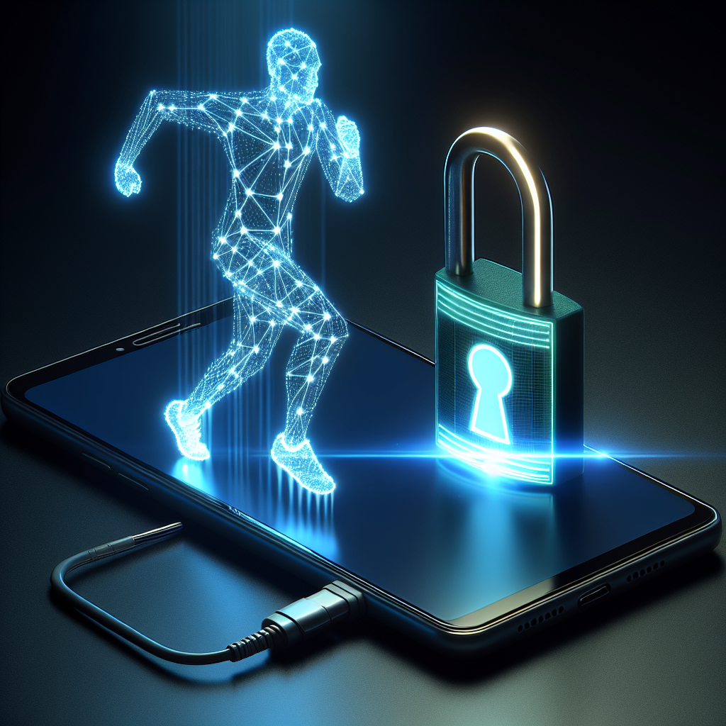 "Fitness tracking app security illustration showcasing a hacker analyzing data on a laptop while a fitness tracker displays data, emphasizing the relationship between hacking and enhanced app security."