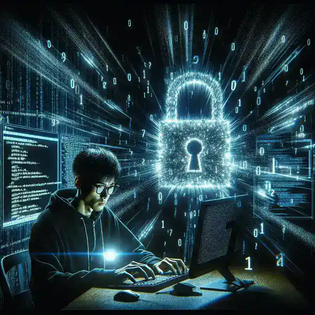 "Image illustrating a hacker launching a brute force attack on encrypted backups, featuring a computer screen with code and a graphic representation of passwords being attempted."